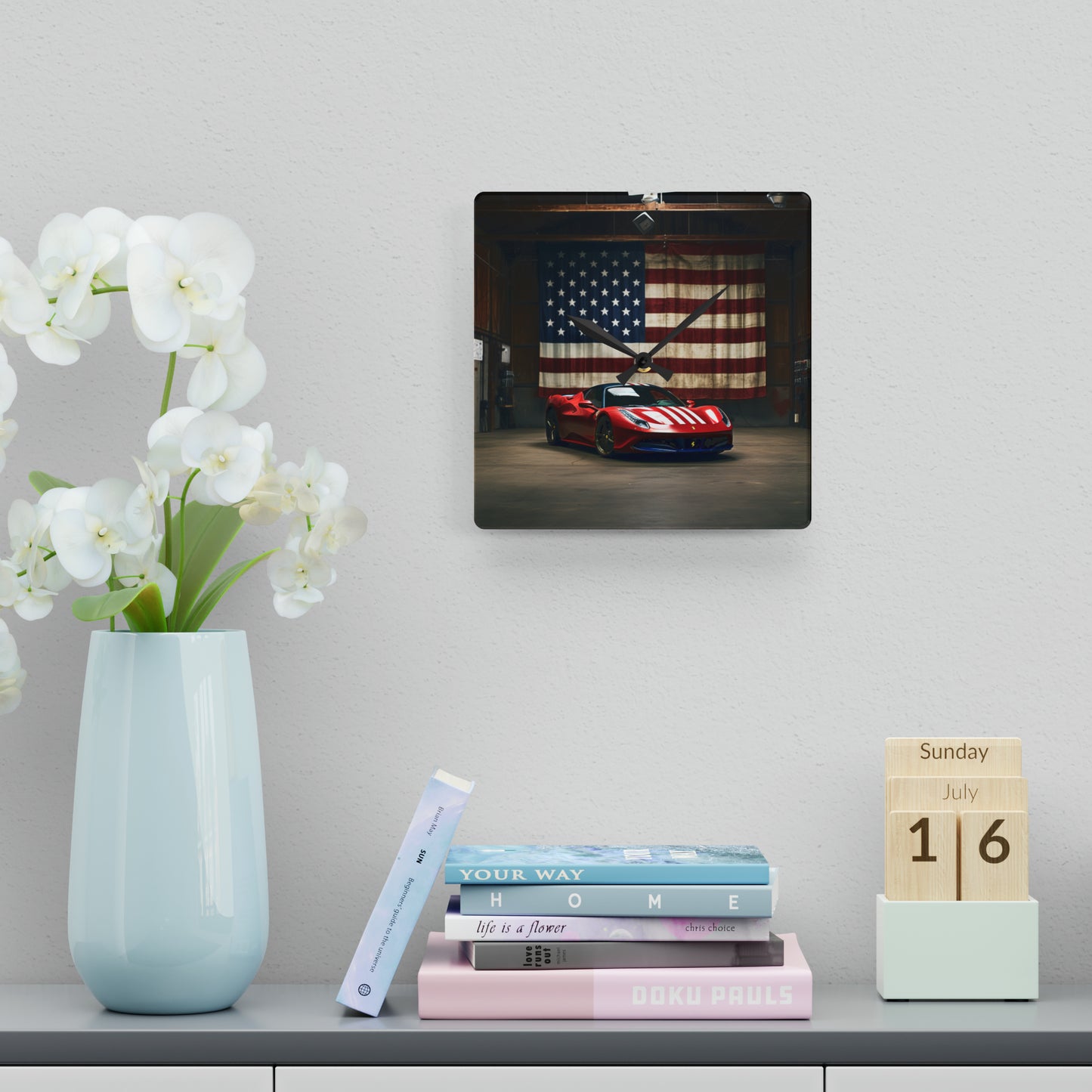 Acrylic Wall Clock American Flag Farrari 4