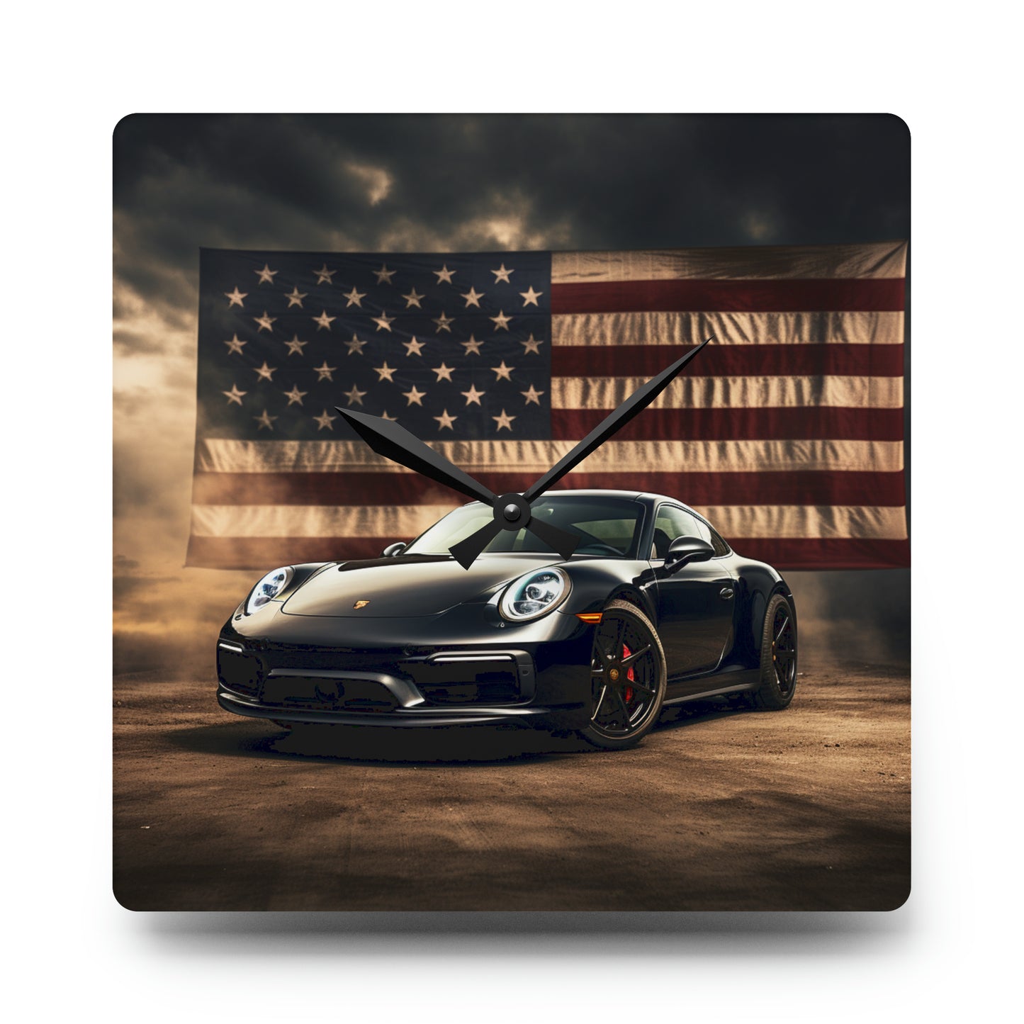 Acrylic Wall Clock American Flag Background Porsche 4