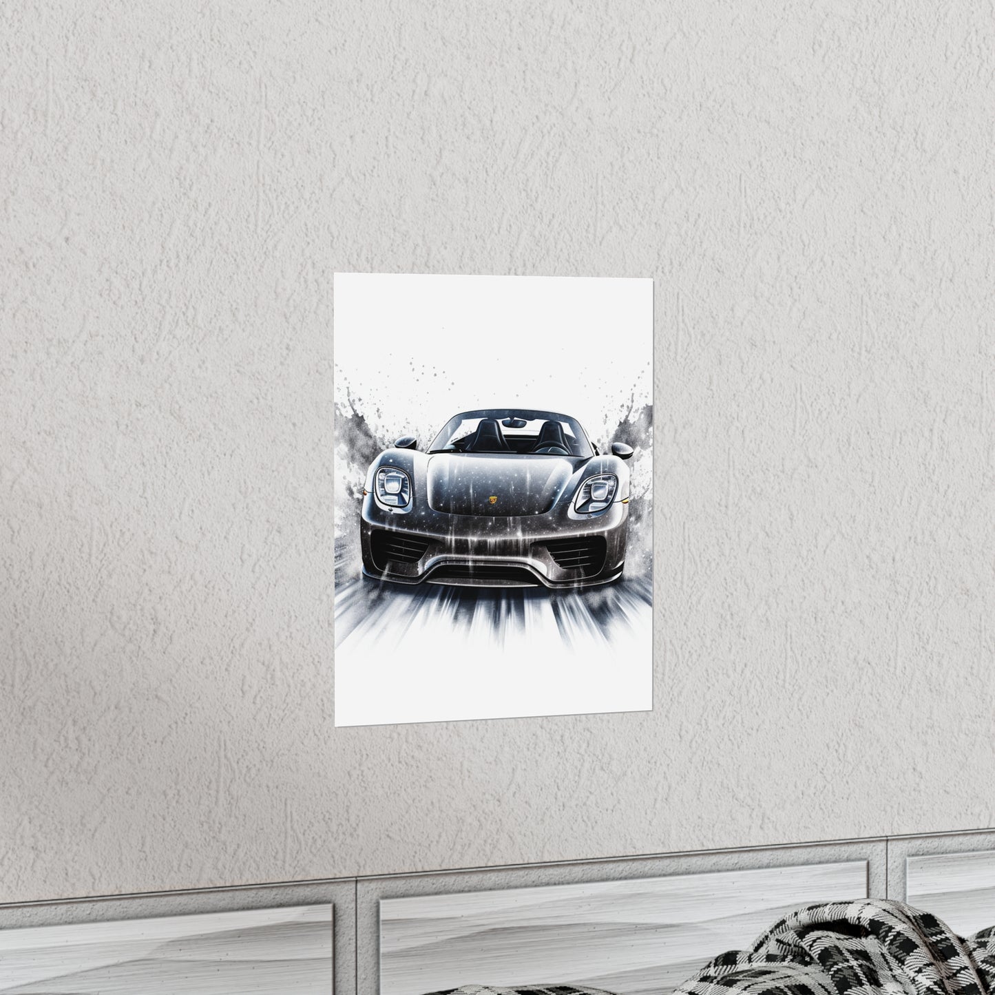 Premium Matte Vertical Posters 918 Spyder white background driving fast with water splashing 3