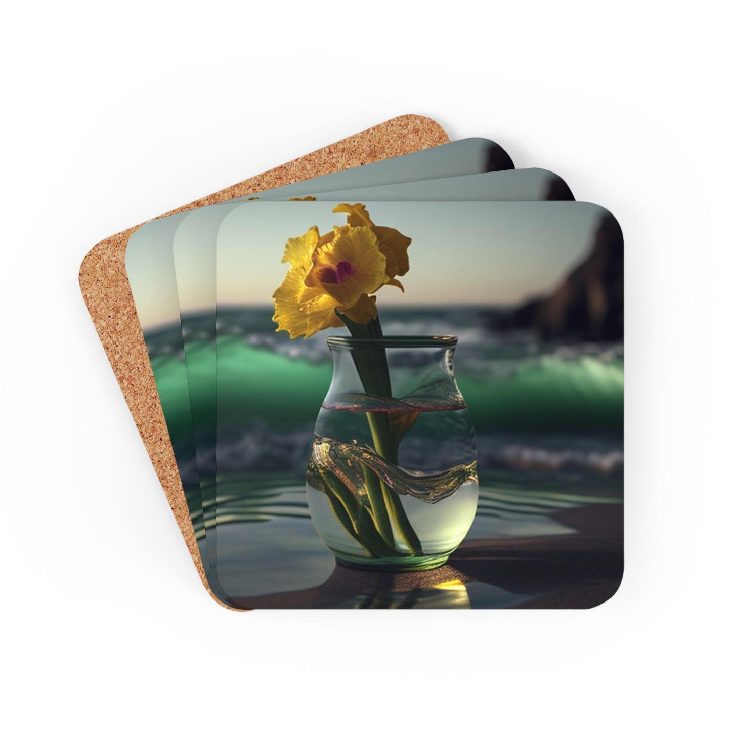 Corkwood Coaster Set Yellow Gladiolus glass 1