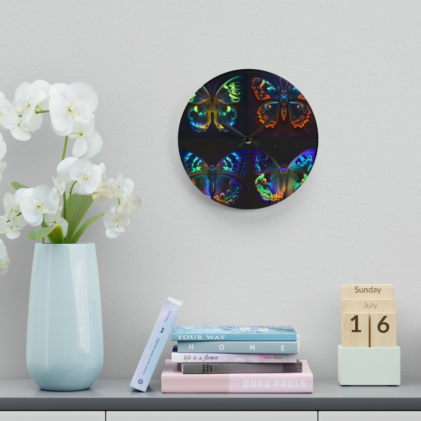 Acrylic Wall Clock Neon Hue Butterfly 5