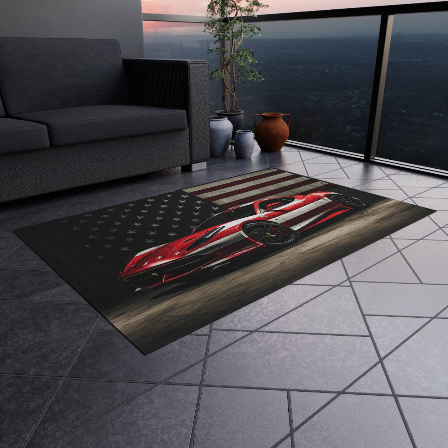 Outdoor Rug  American Flag Background Ferrari 1