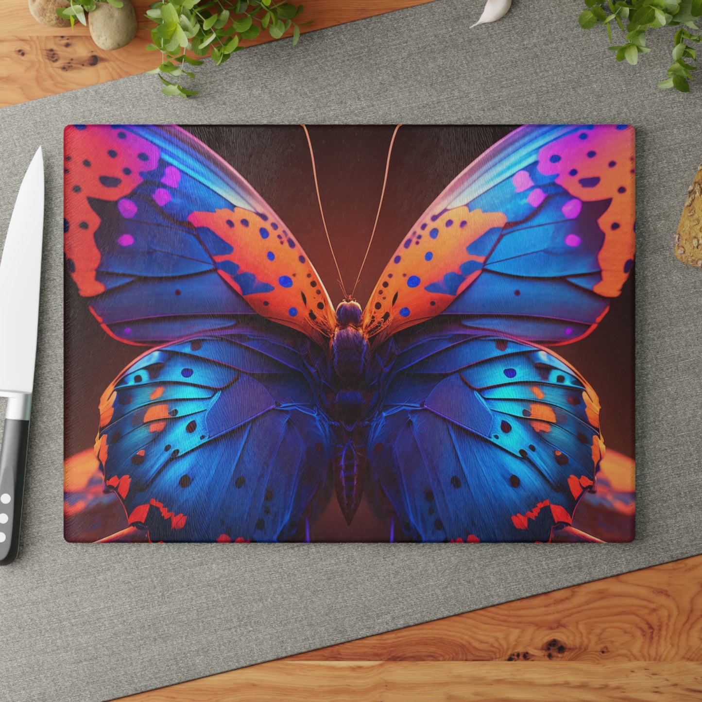 Glass Cutting Board Neon Butterfly Macro 3