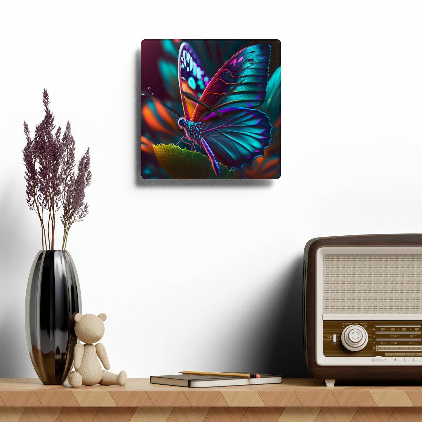 Acrylic Wall Clock Neon Butterfly Macro 1