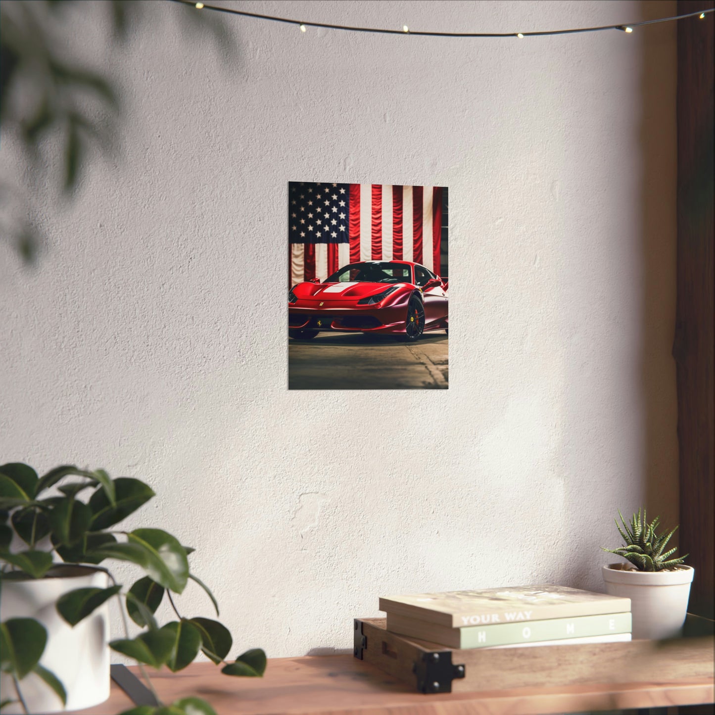 Premium Matte Vertical Posters American Flag Background Ferrari 3