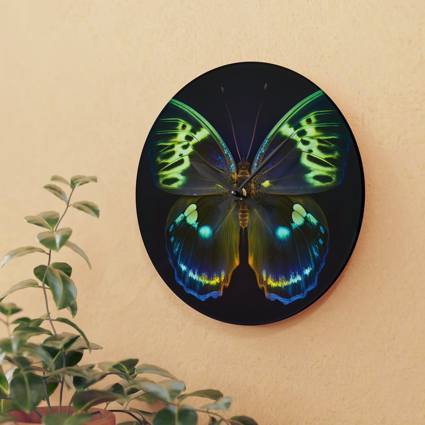 Acrylic Wall Clock Neon Hue Butterfly 1