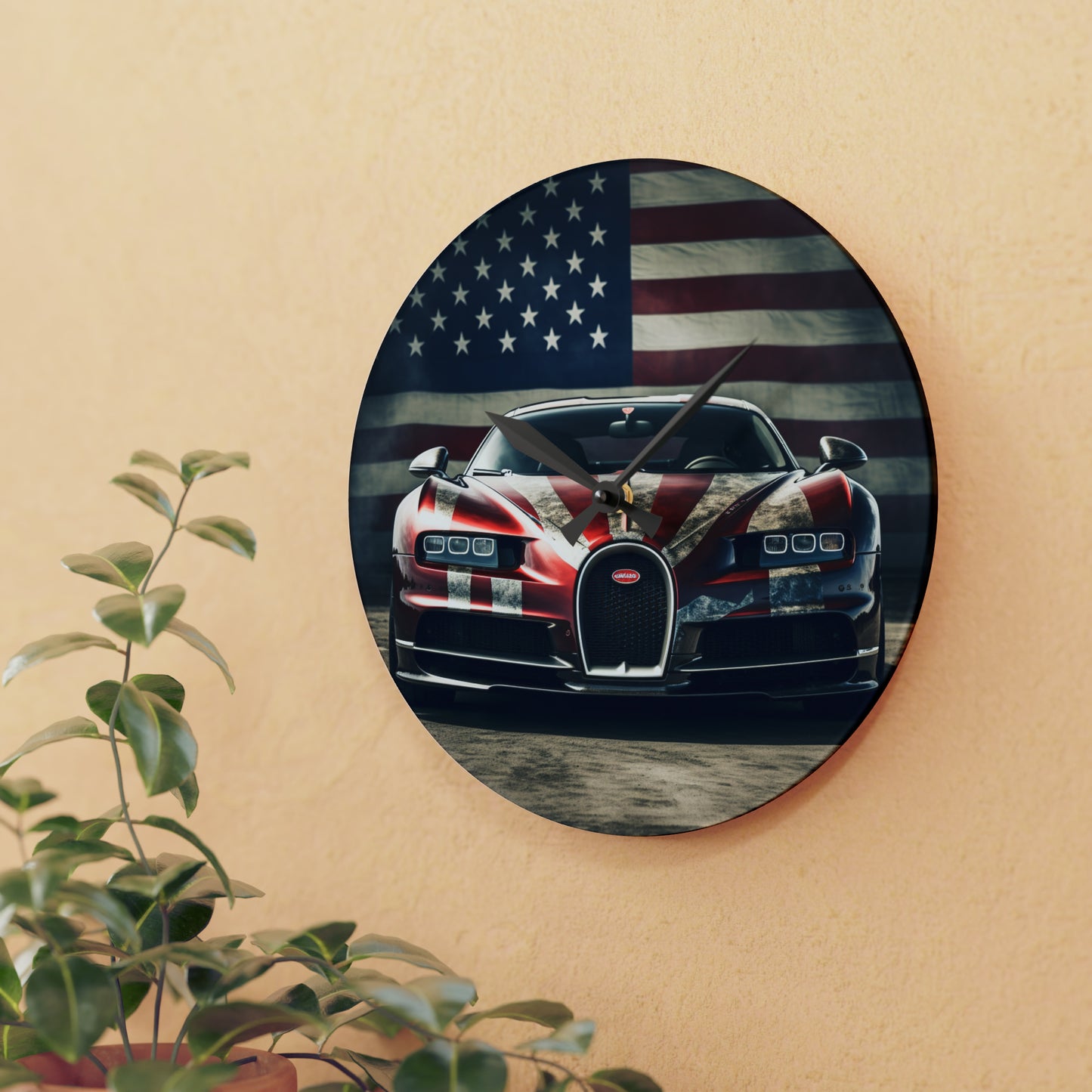 Acrylic Wall Clock American Flag Background Bugatti 3