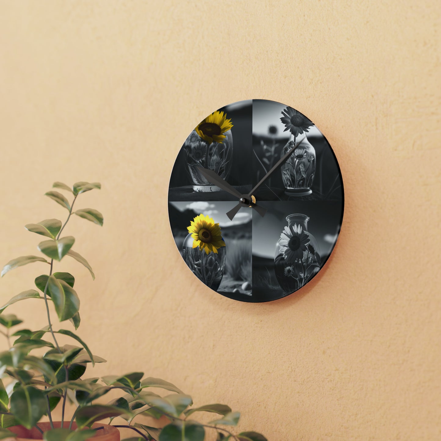 Acrylic Wall Clock Yellw Sunflower in a vase 5