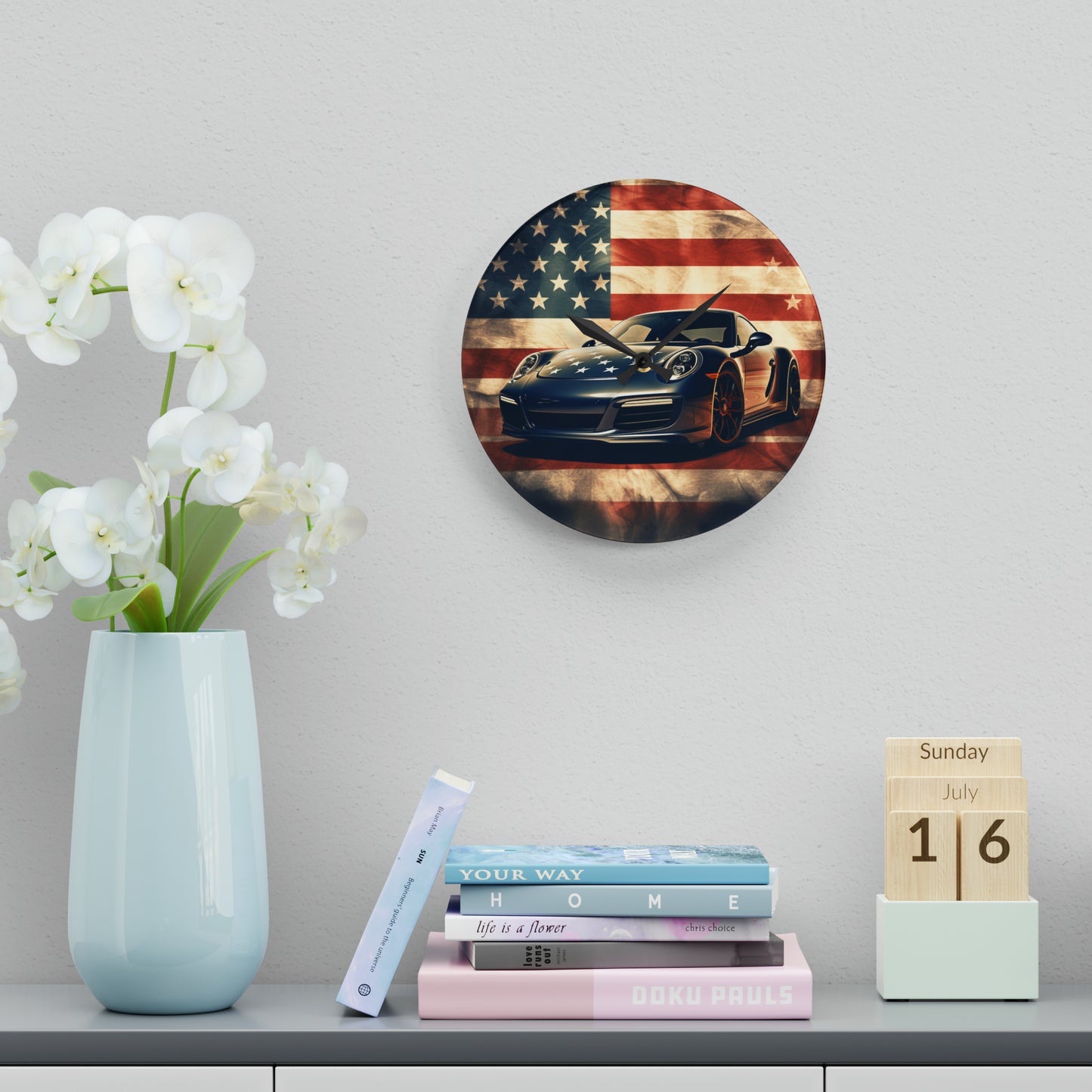 Acrylic Wall Clock Abstract American Flag Background Porsche 3