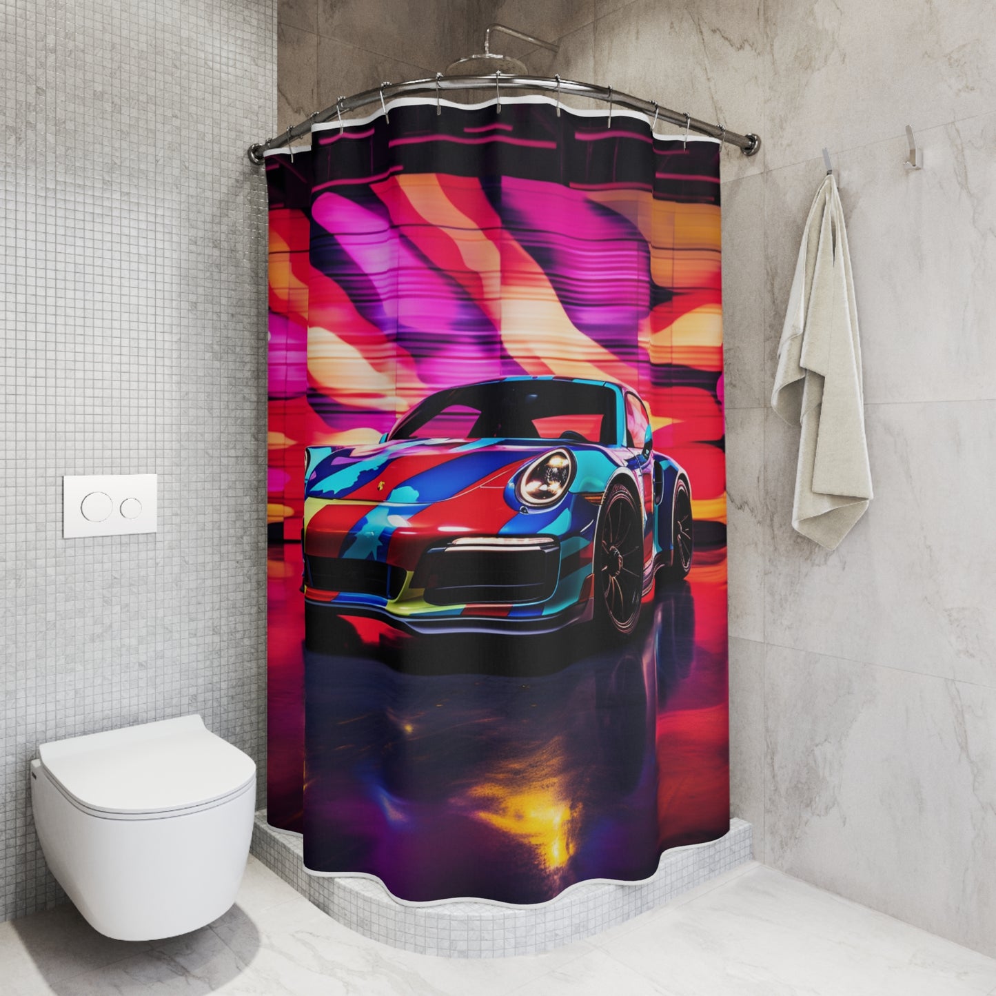 Polyester Shower Curtain Macro American Flag Porsche 1