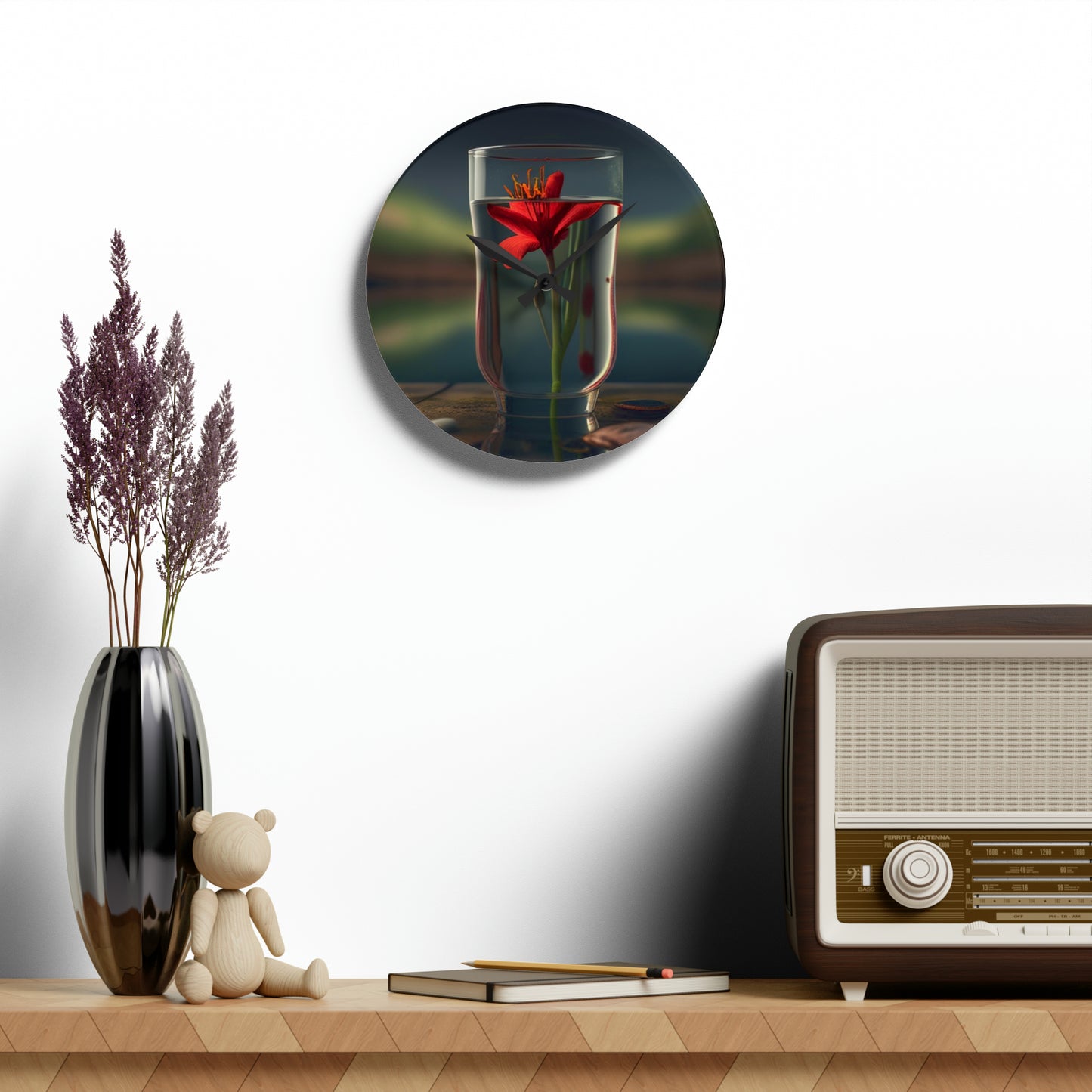 Acrylic Wall Clock Red Lily in a Glass vase 1