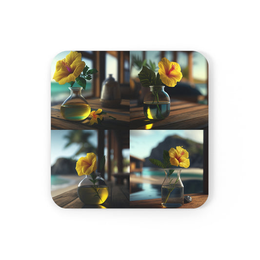 Corkwood Coaster Set Yellow Hibiscus Wood 5