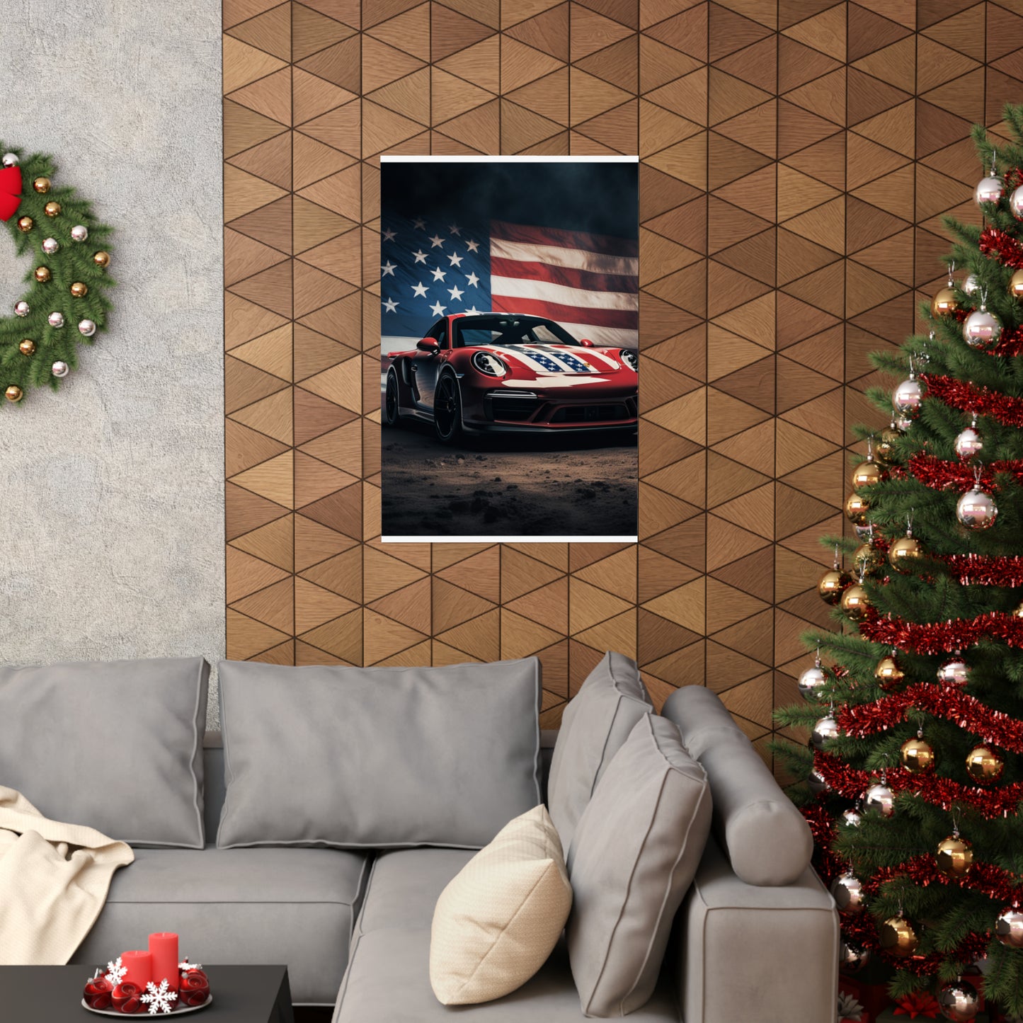 Premium Matte Vertical Posters American Flag Background Porsche 3