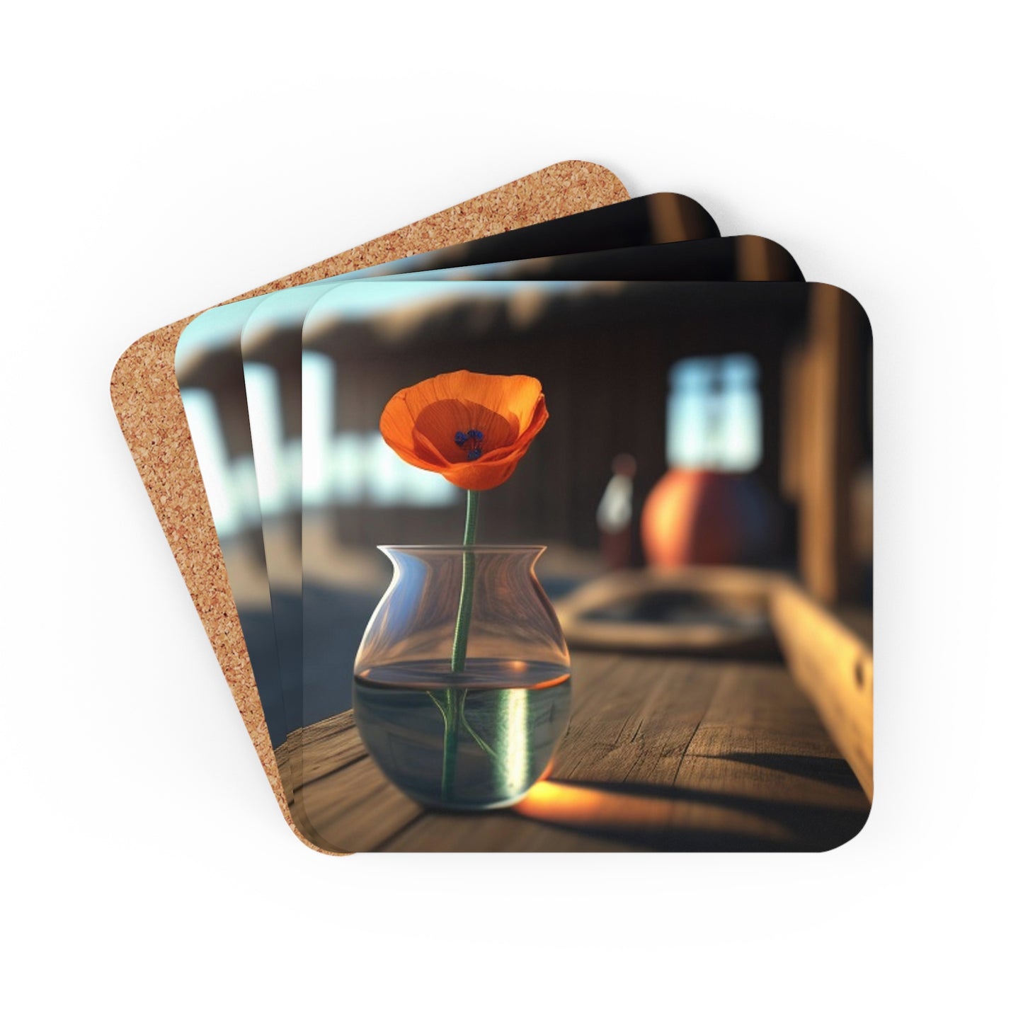 Corkwood Coaster Set Poppy in a Glass Vase 2