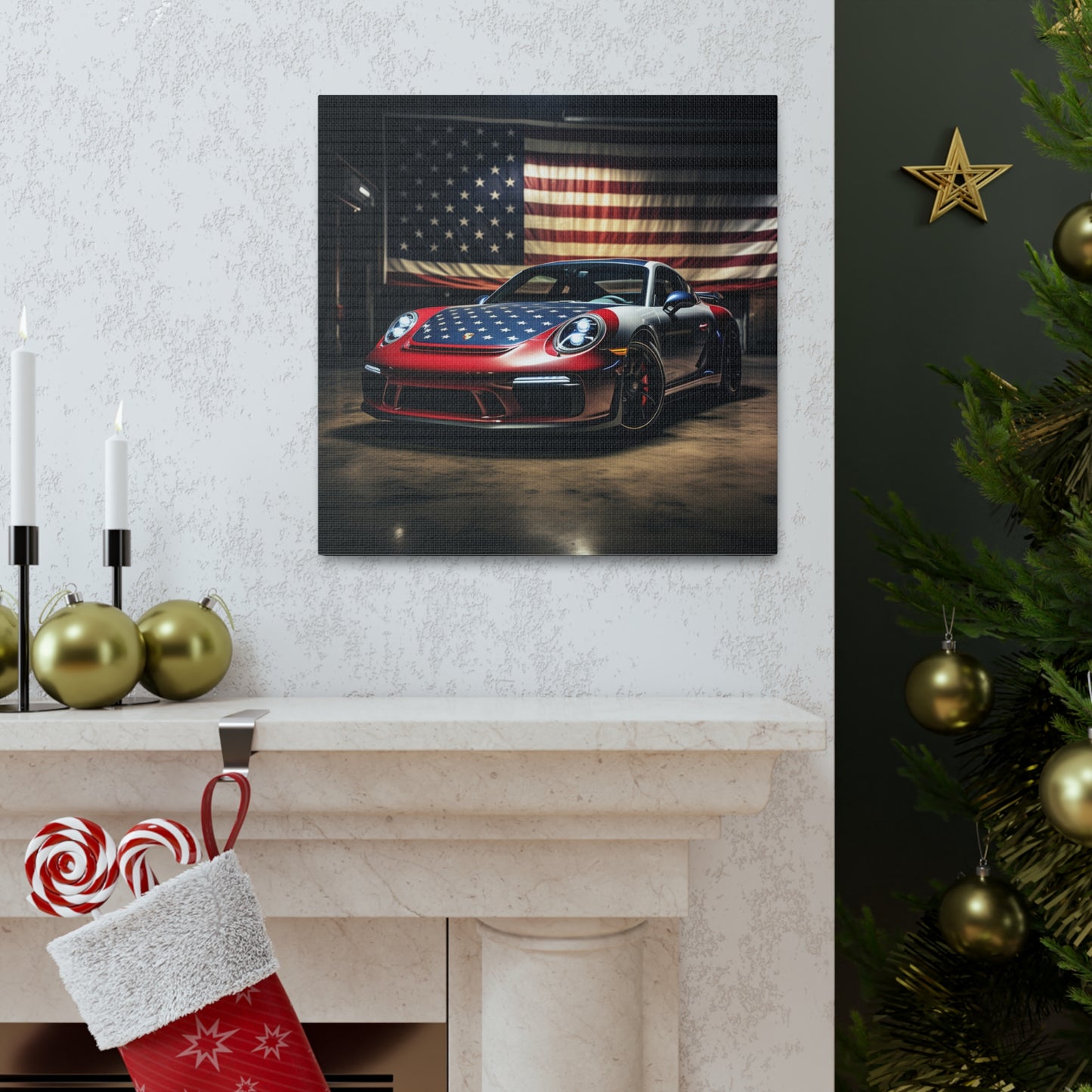 Canvas Gallery Wraps American Flag Background Porsche 1