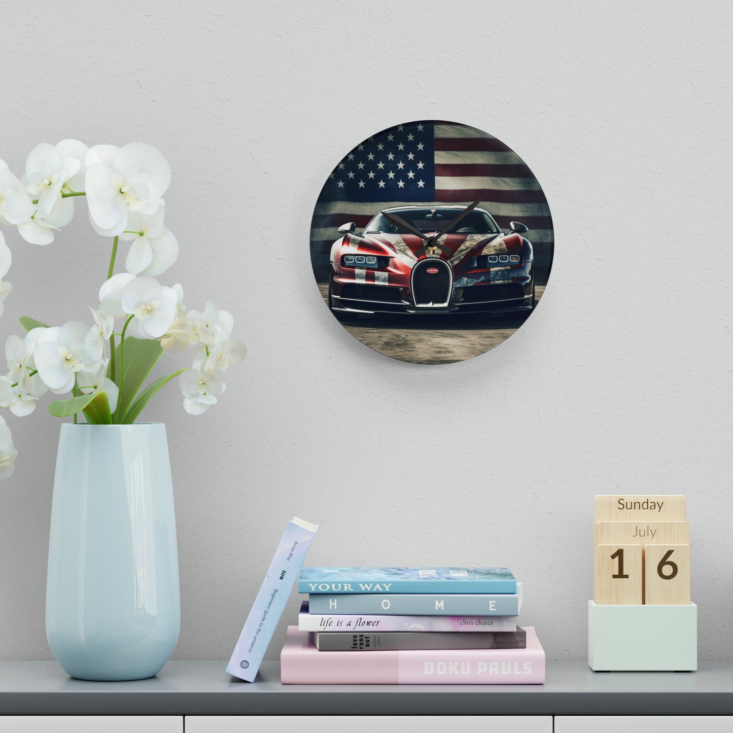 Acrylic Wall Clock American Flag Background Bugatti 3