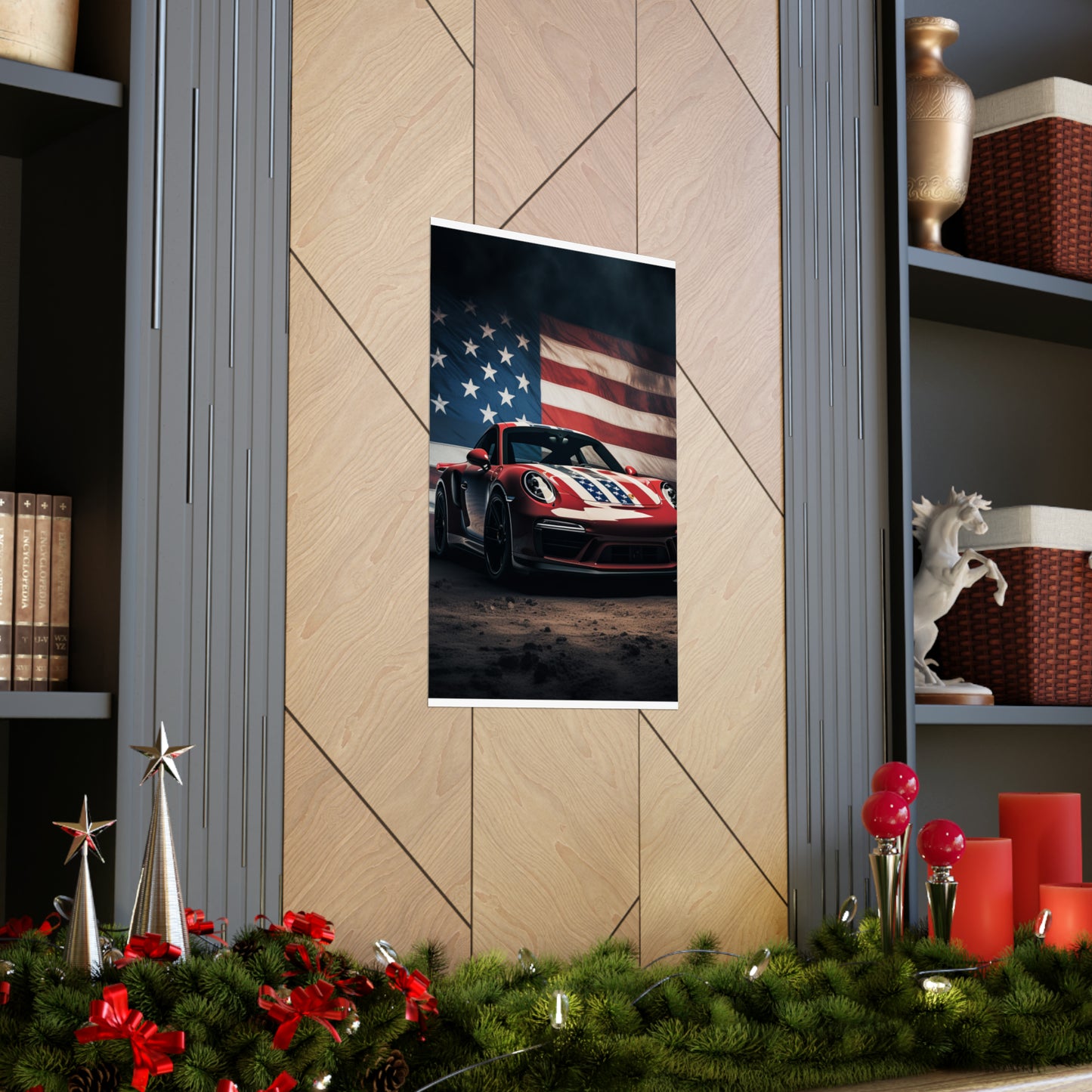 Premium Matte Vertical Posters American Flag Background Porsche 3