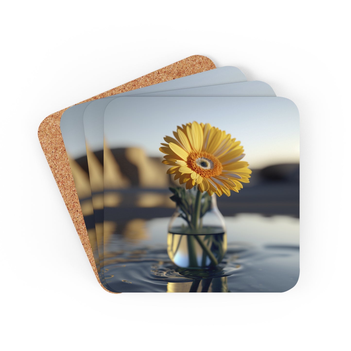 Corkwood Coaster Set yello Gerbera glass 4