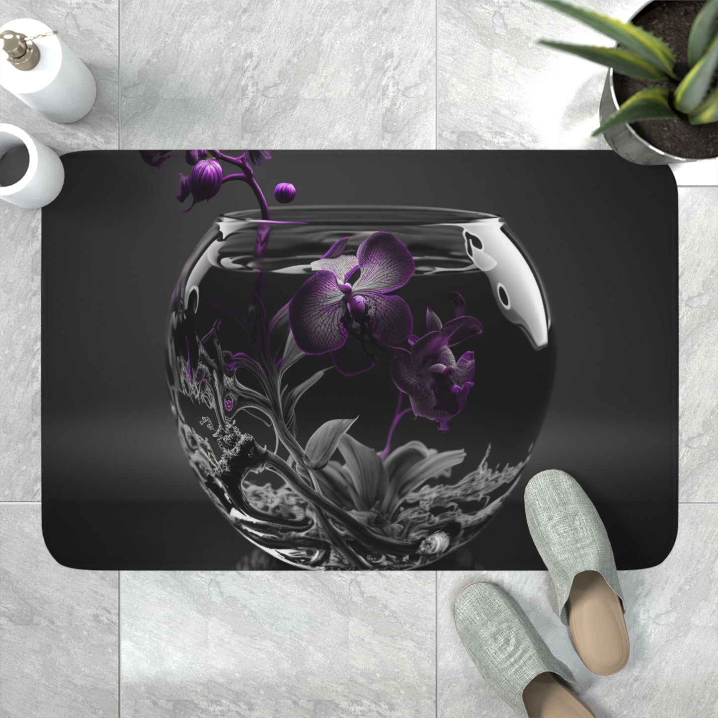 Memory Foam Bath Mat Purple Orchid Glass vase 3