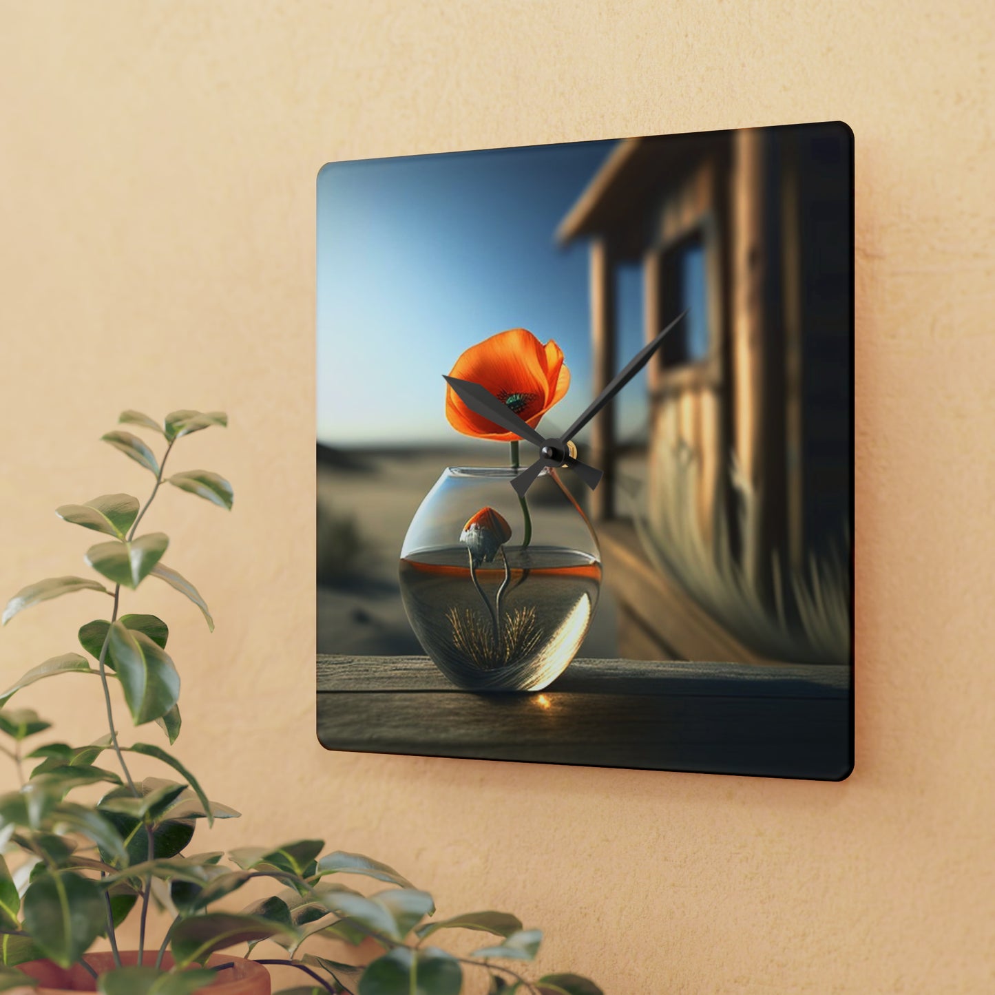 Acrylic Wall Clock Orange Poppy in a Vase 1