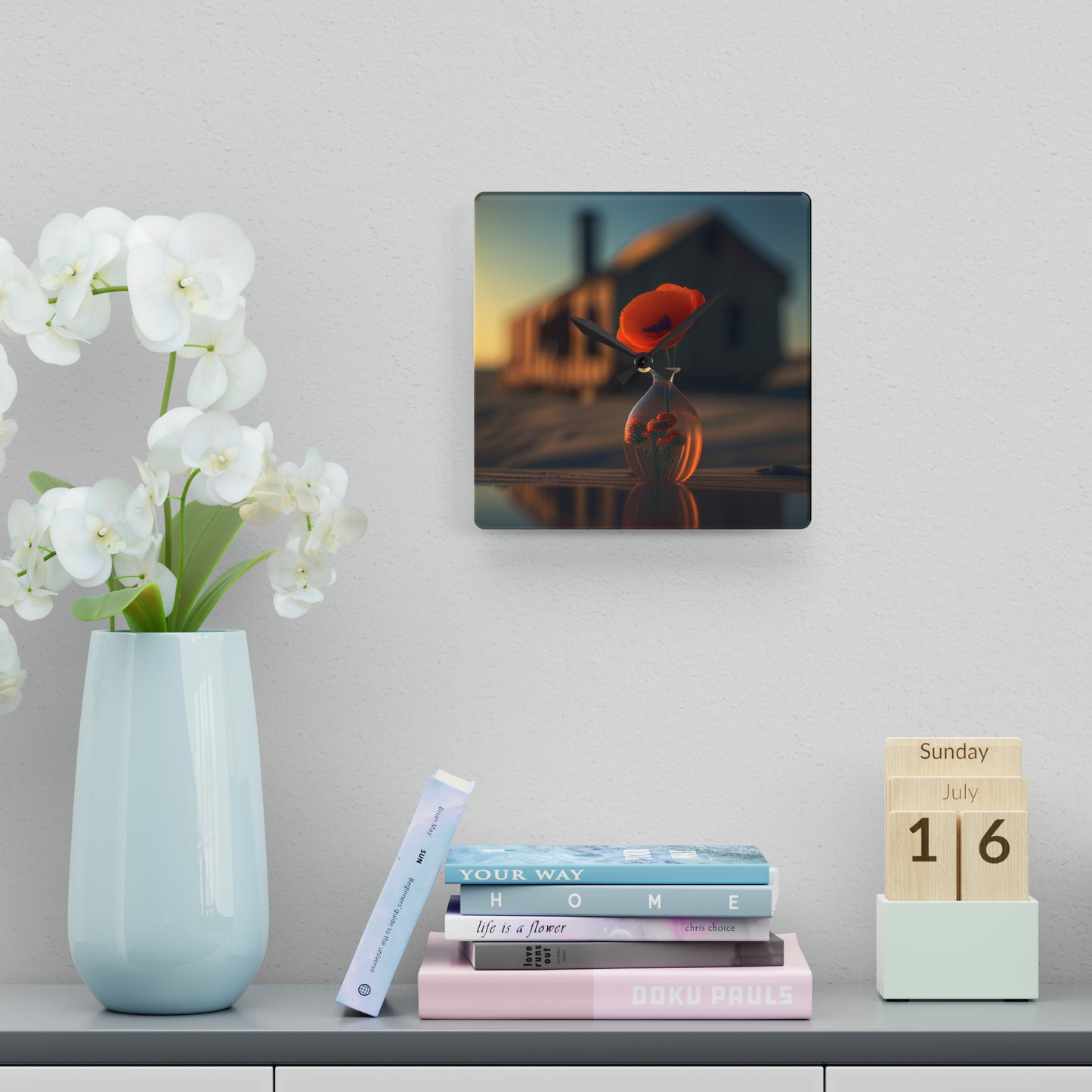 Acrylic Wall Clock Orange Poppy in a Vase 3