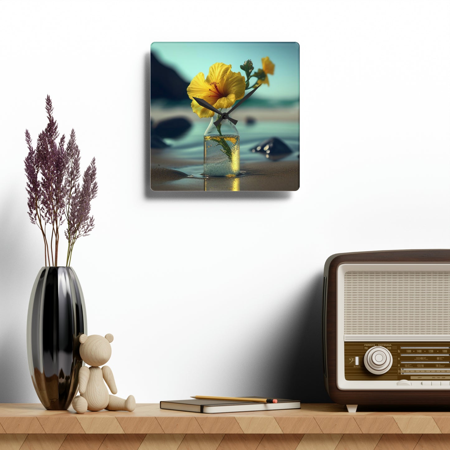 Acrylic Wall Clock Yellow Hibiscus glass 3