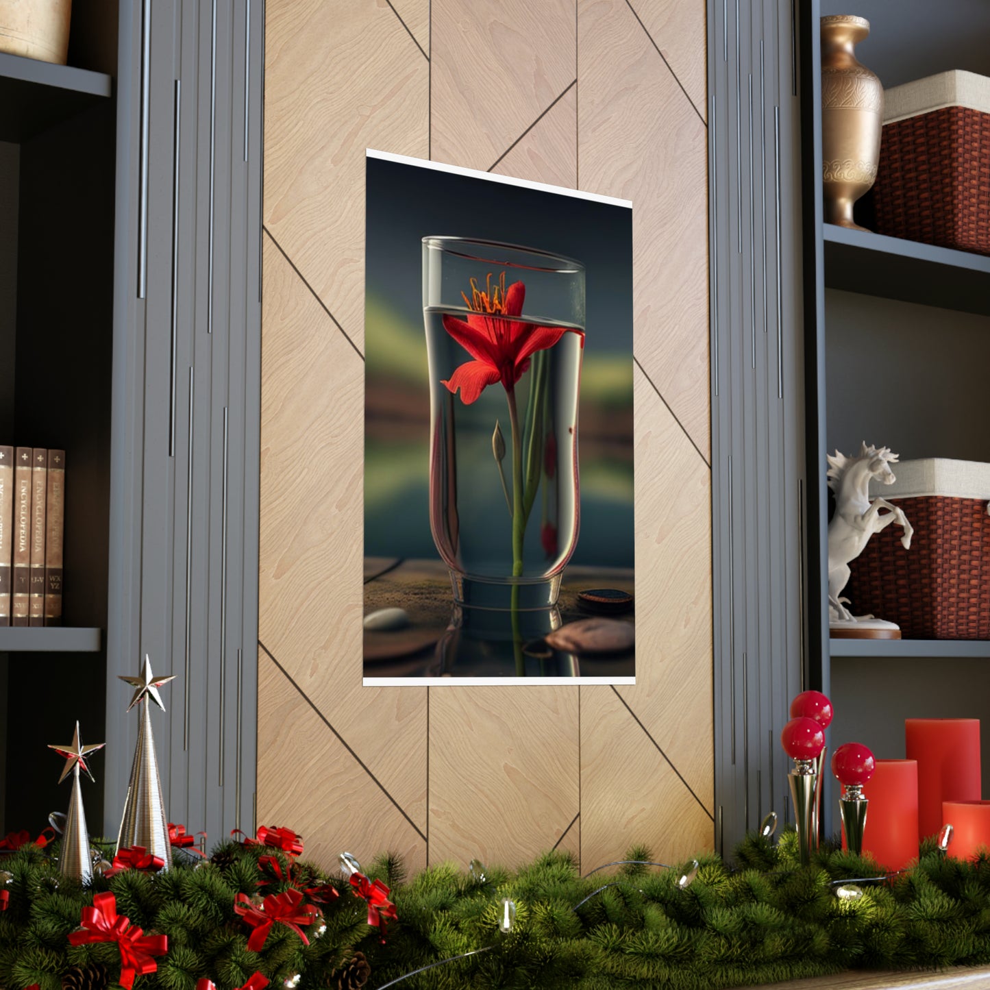 Premium Matte Vertical Posters Red Lily in a Glass vase 1