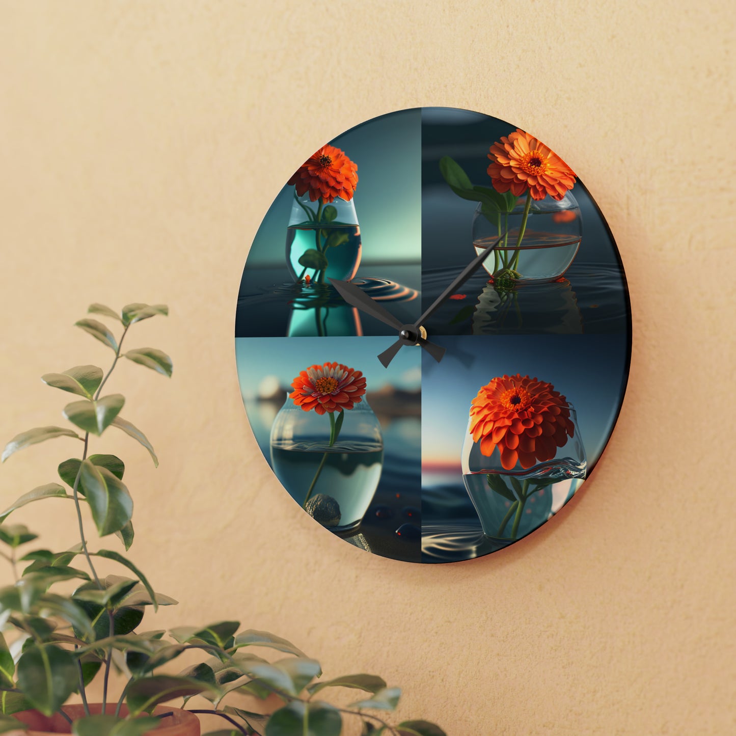 Acrylic Wall Clock Orange Zinnia 5