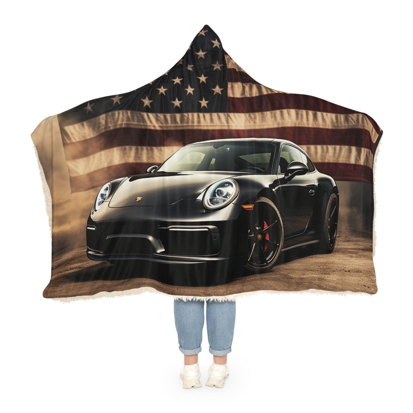 Snuggle Hooded Blanket American Flag Background Porsche 4