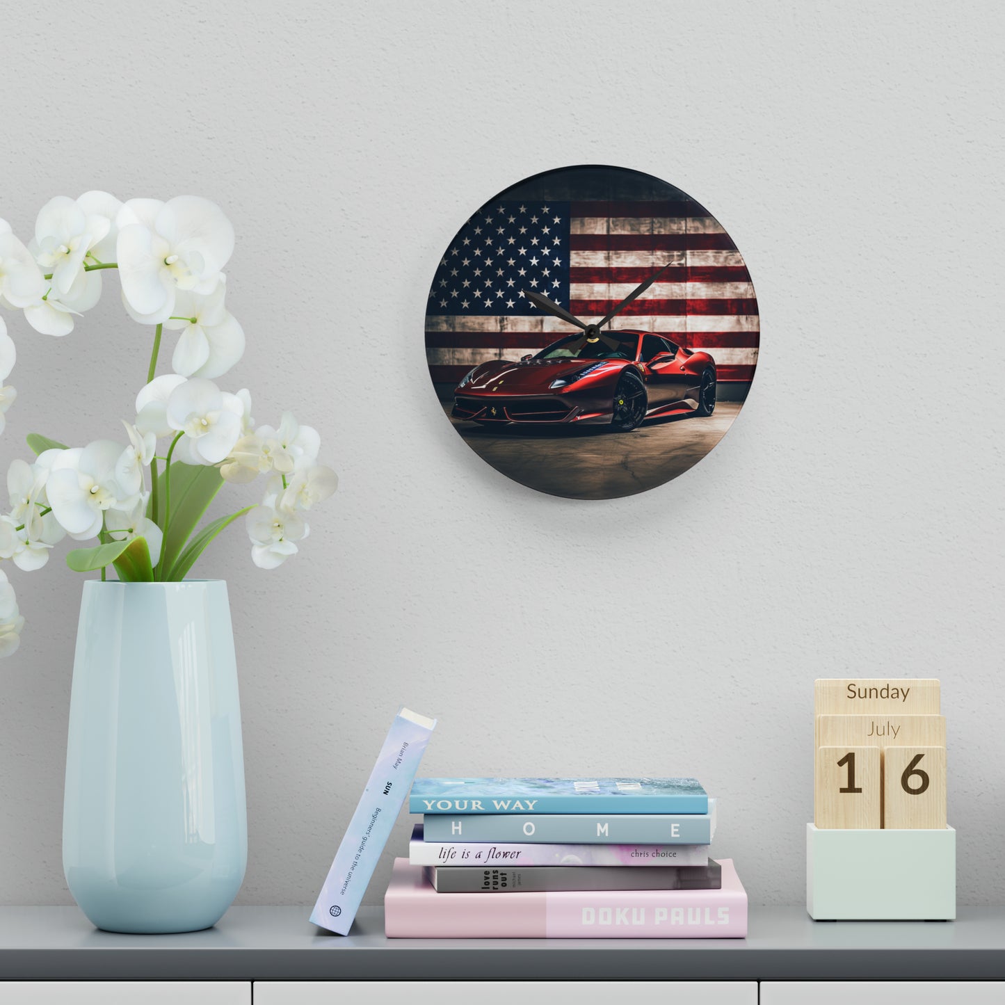 Acrylic Wall Clock American Flag Background Ferrari 4