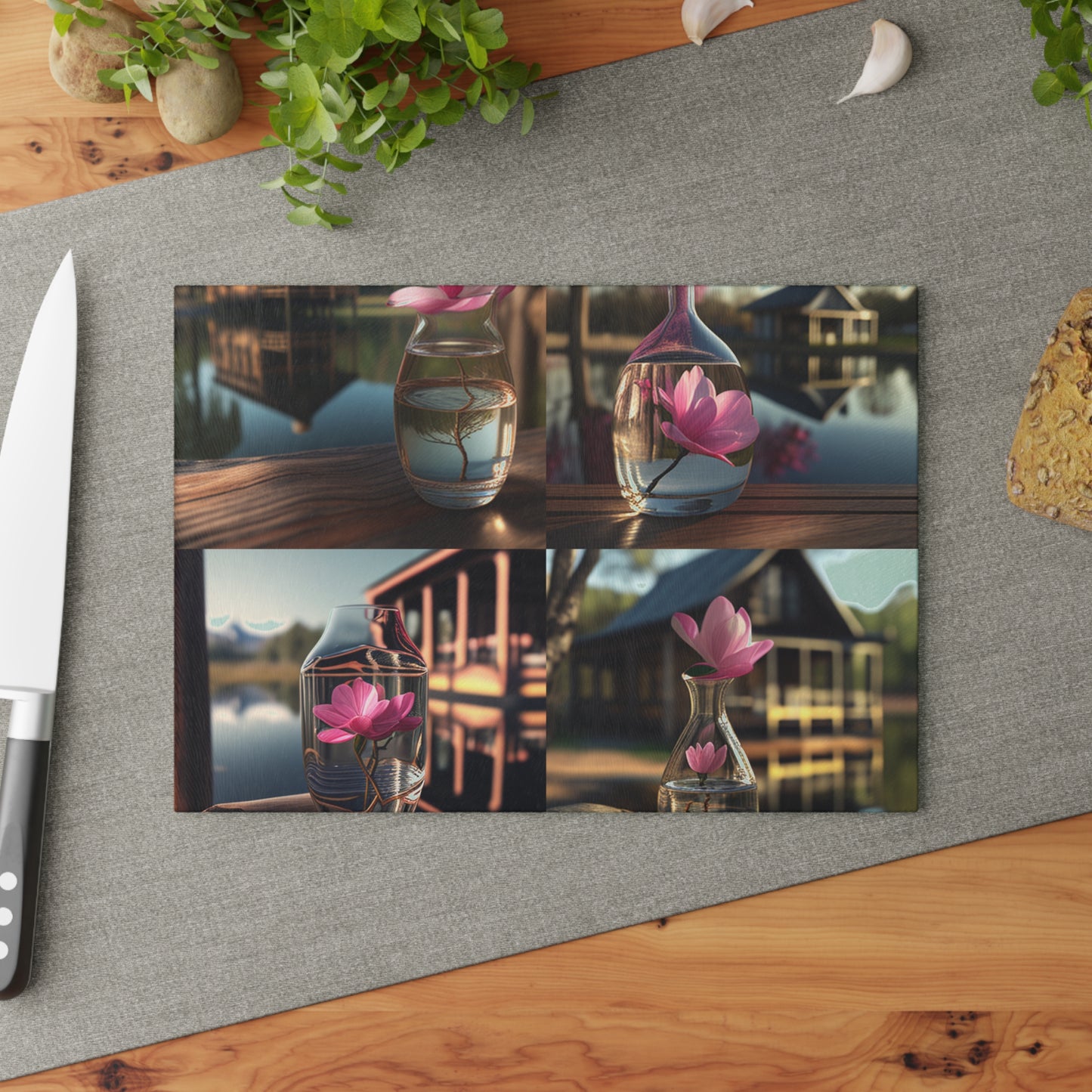 Glass Cutting Board Magnolia in a Glass vase 5