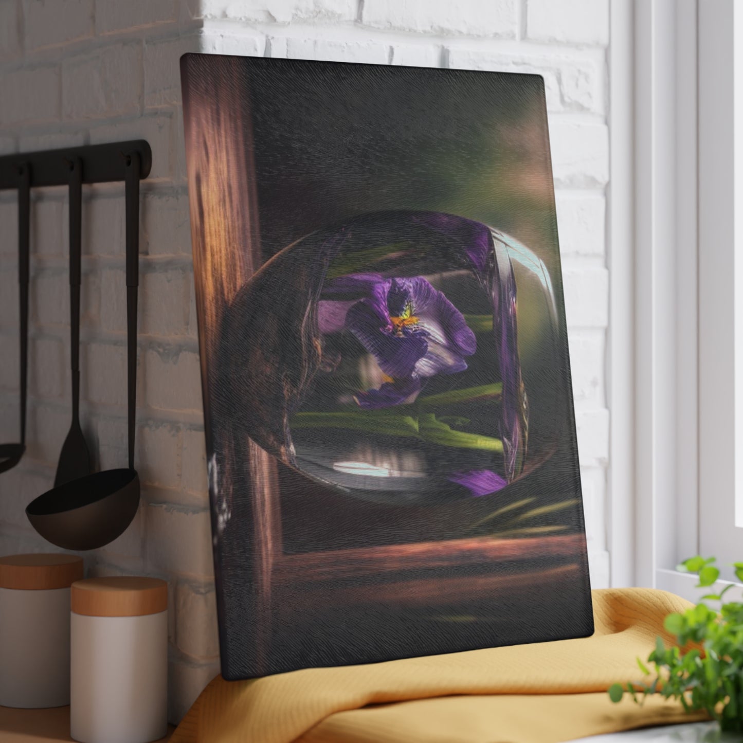 Glass Cutting Board Purple Iris in a vase 4