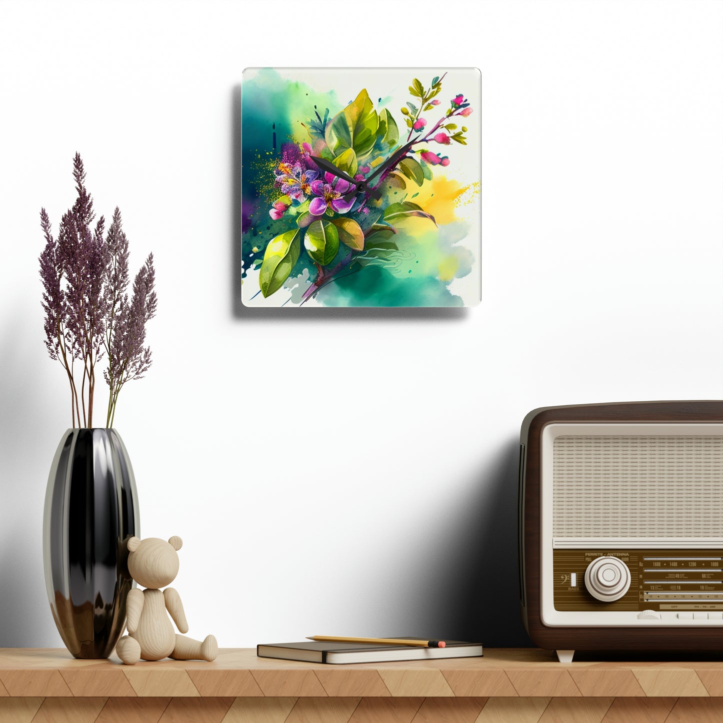 Acrylic Wall Clock Mother Nature Bright Spring Colors Realistic Watercolor 1