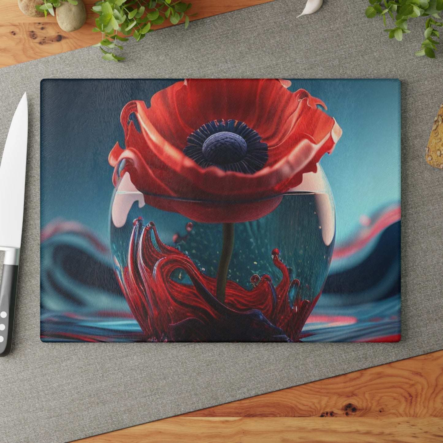 Glass Cutting Board Red Anemone in a Vase 2