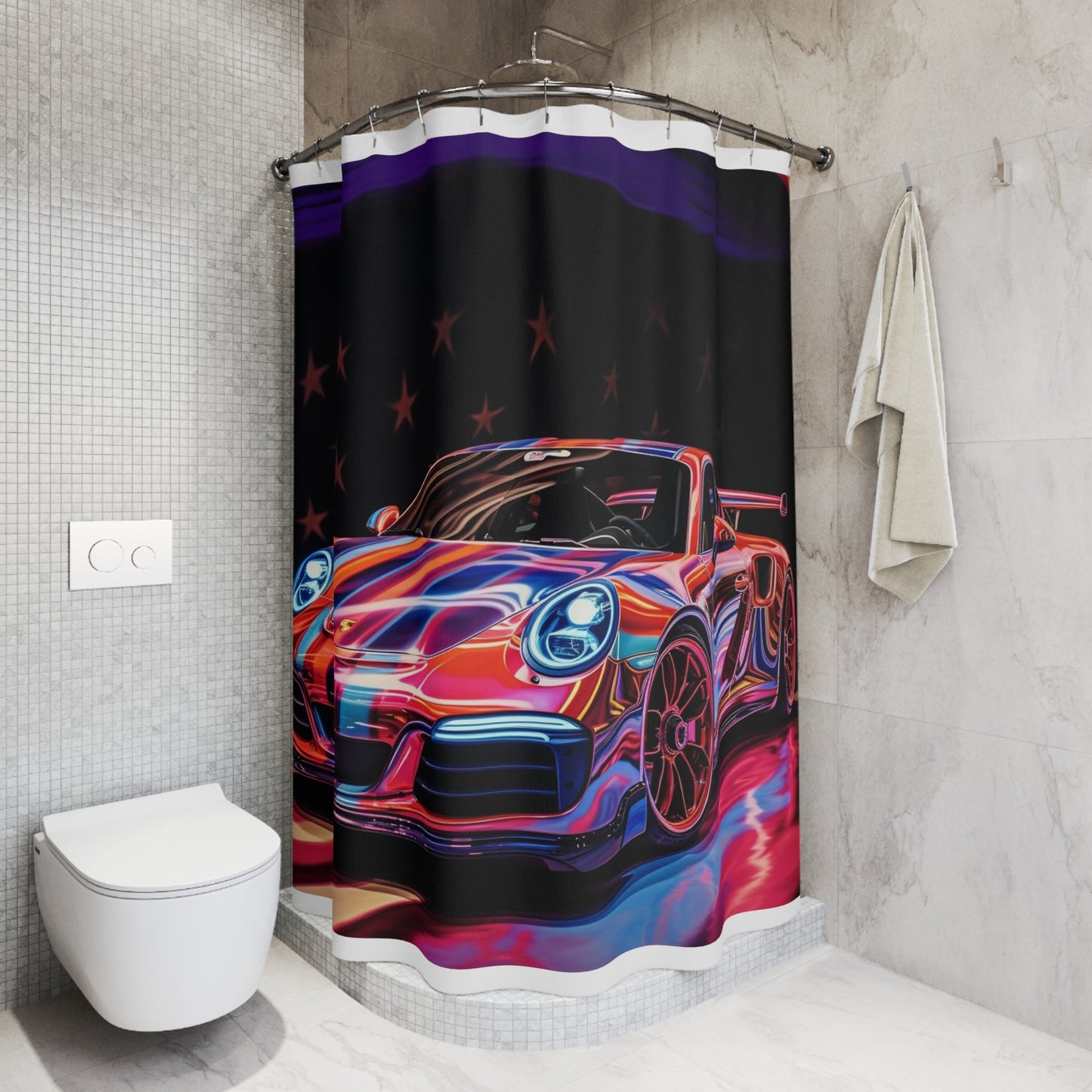 Polyester Shower Curtain American Flag Colored Porsche 1