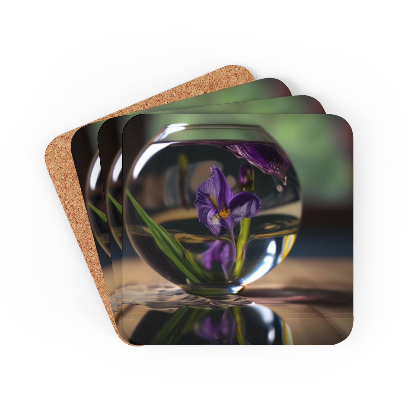 Corkwood Coaster Set Purple Iris in a vase 1