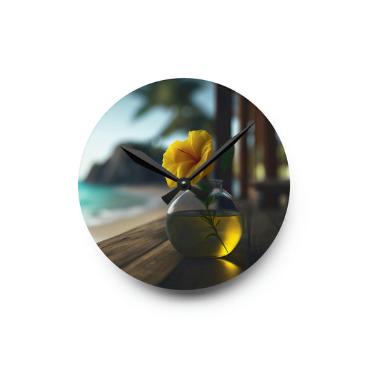 Acrylic Wall Clock Yellow Hibiscus Wood 3