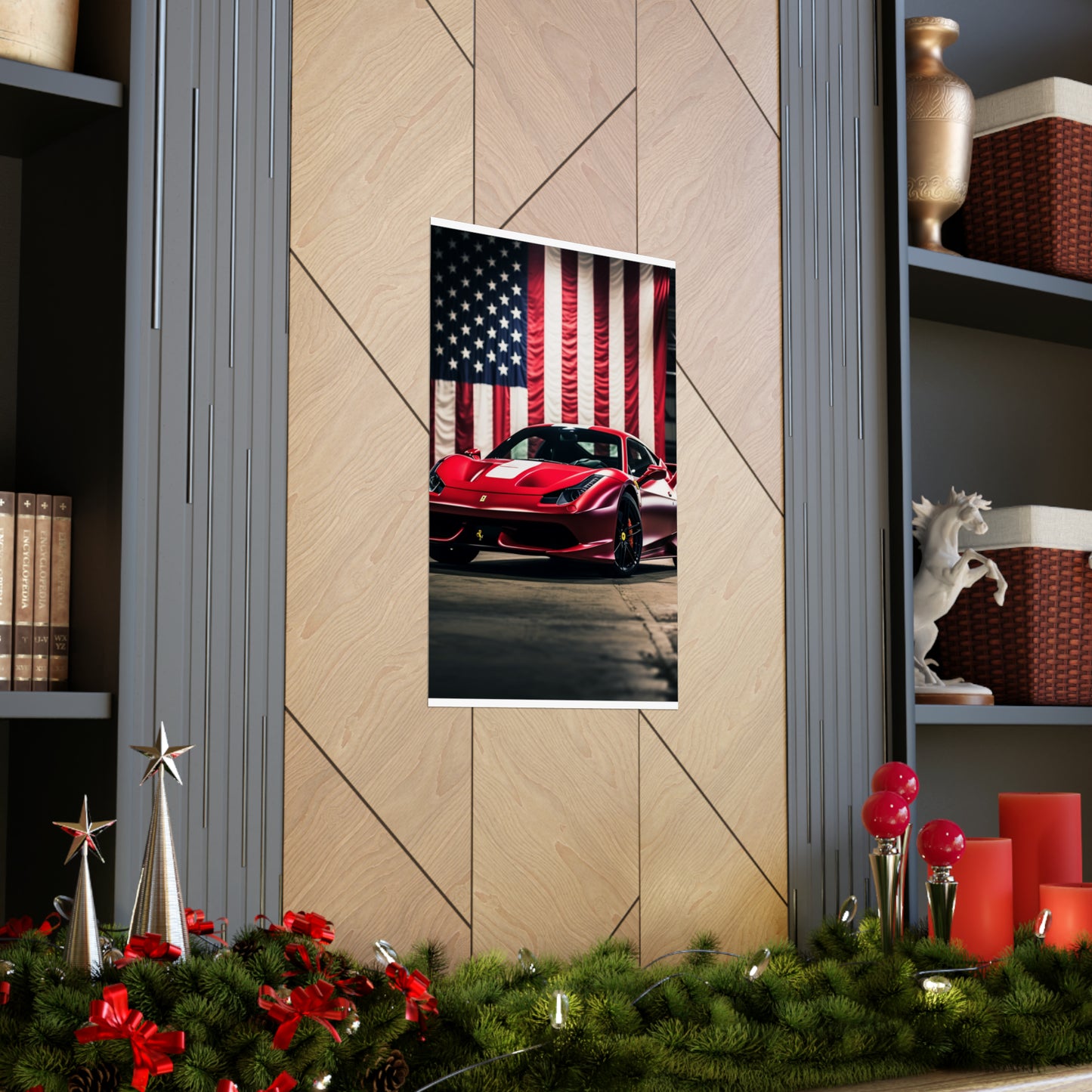 Premium Matte Vertical Posters American Flag Background Ferrari 3