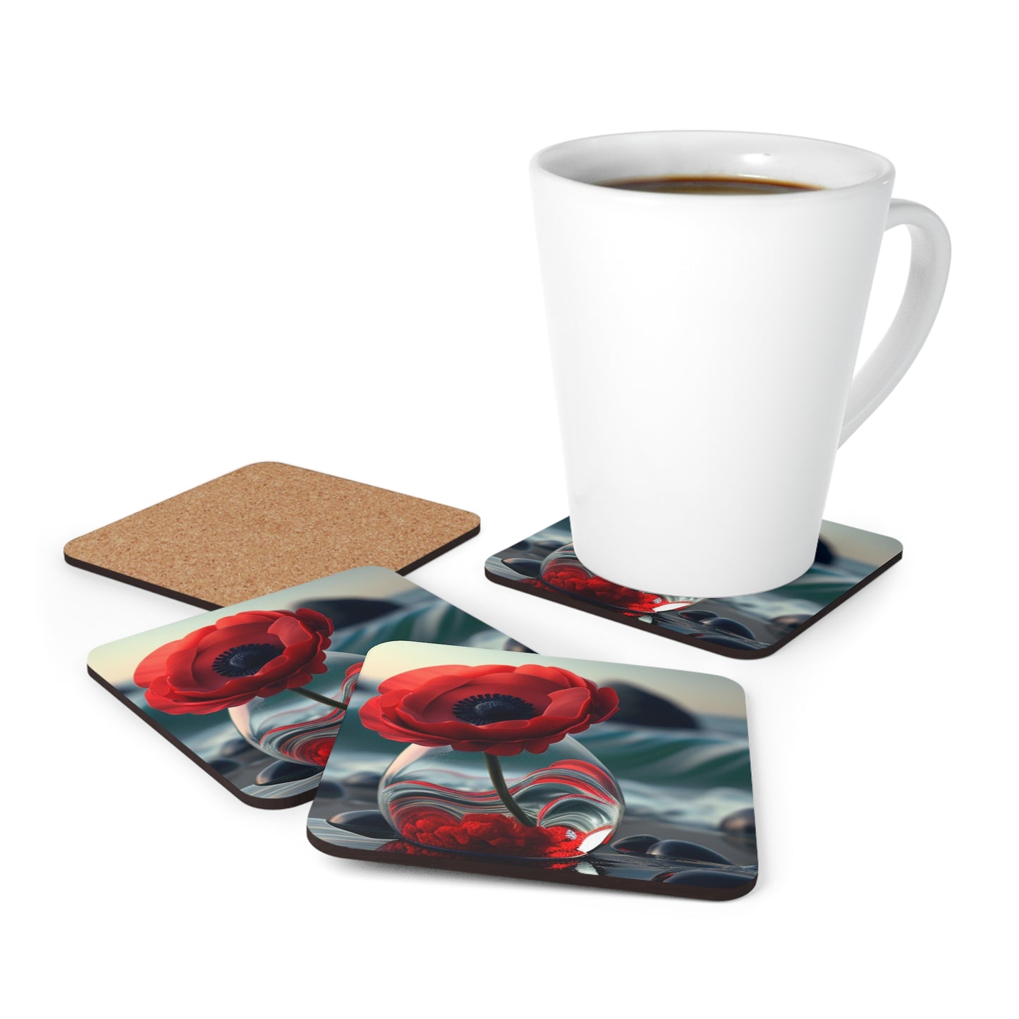 Corkwood Coaster Set Red Anemone in a Vase 1