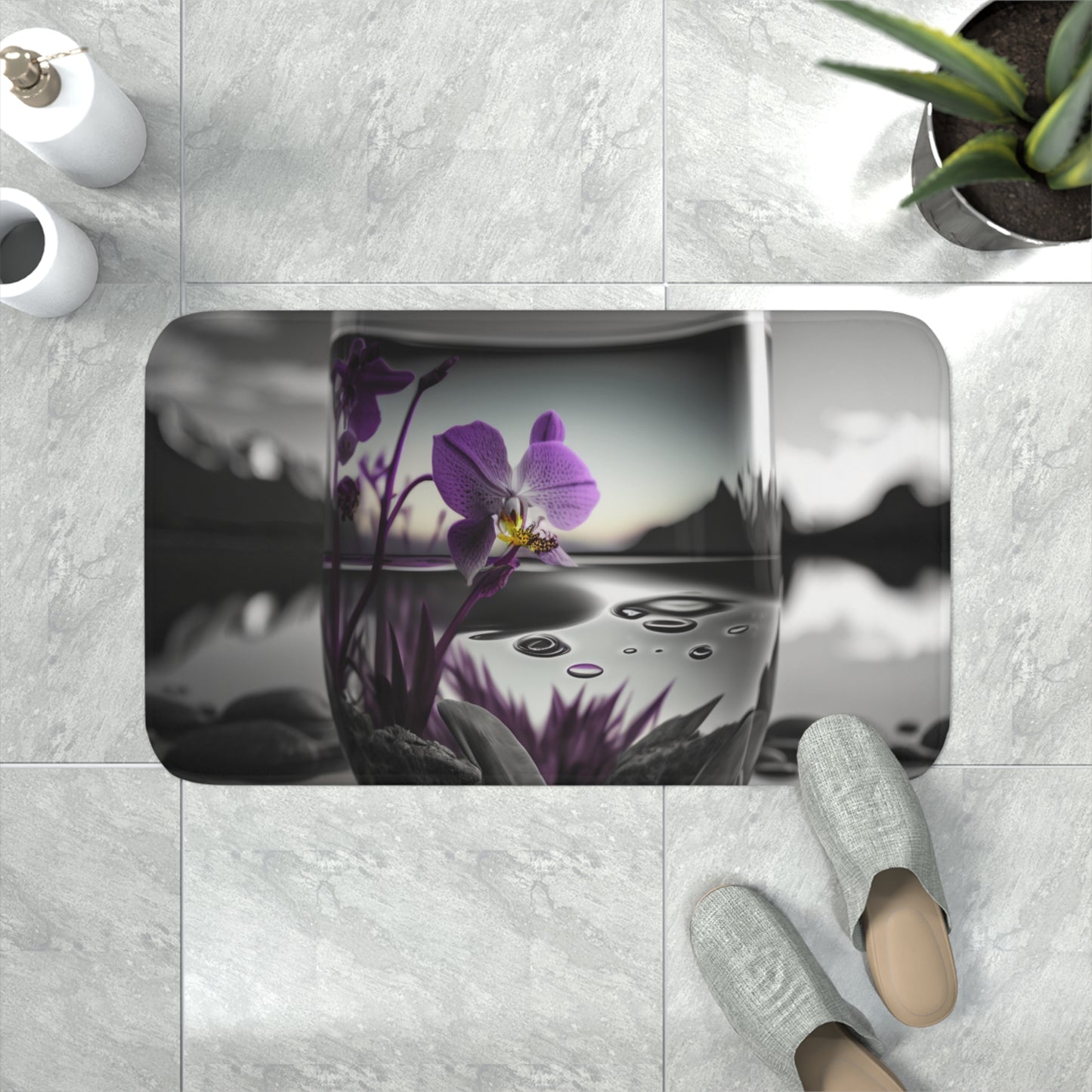 Memory Foam Bath Mat Purple Orchid Glass vase 2