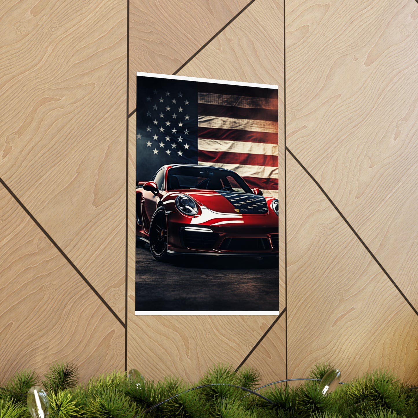 Premium Matte Vertical Posters American Flag Background Porsche 2