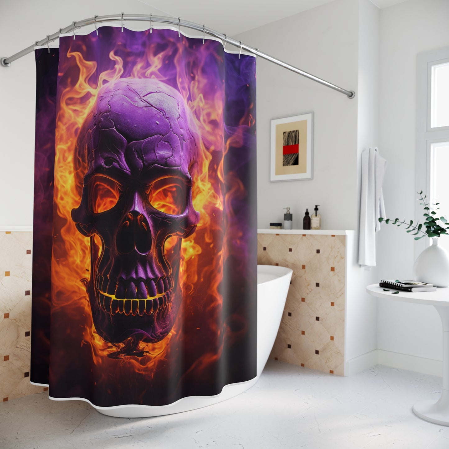 Polyester Shower Curtain Skull Flames 3