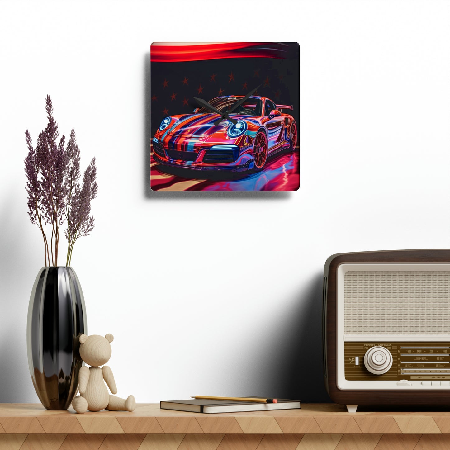 Acrylic Wall Clock American Flag Colored Porsche 2