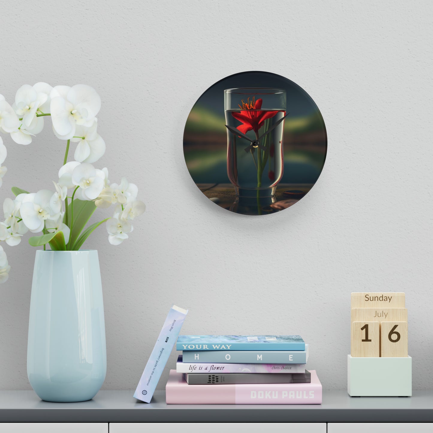 Acrylic Wall Clock Red Lily in a Glass vase 1