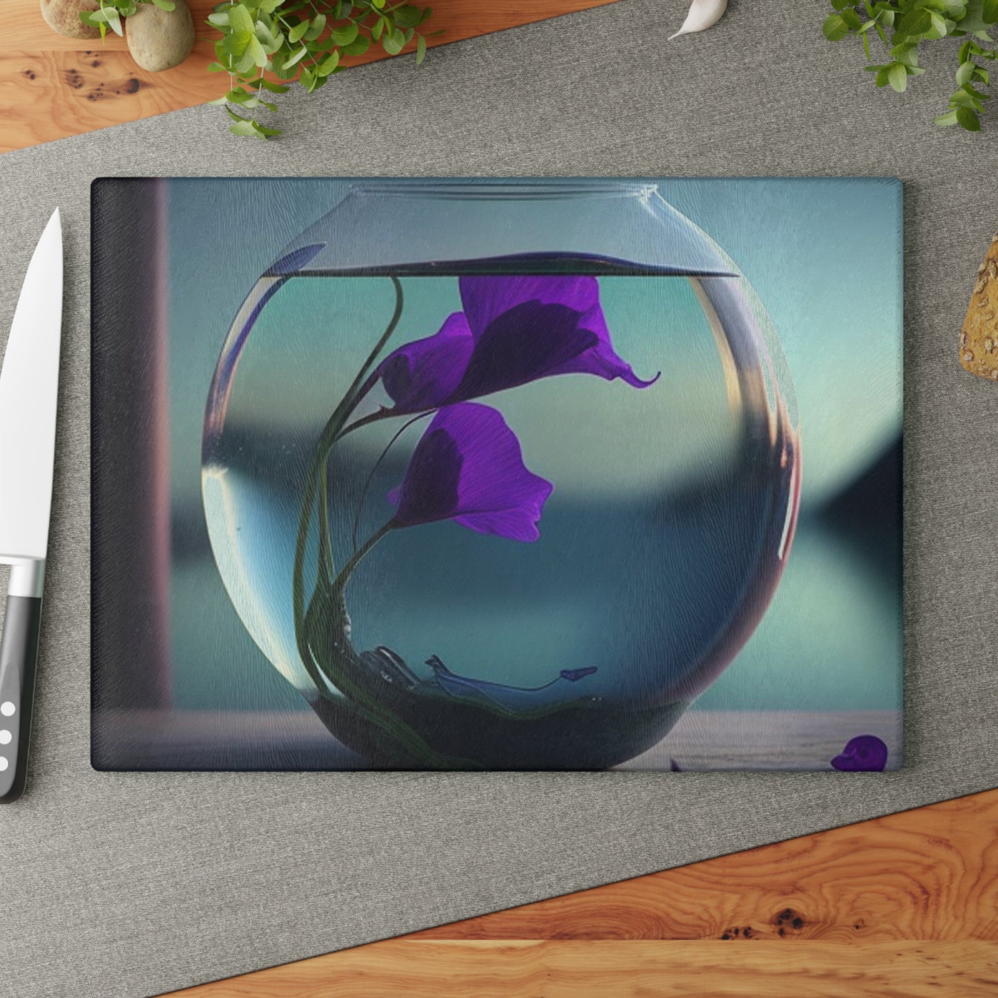 Glass Cutting Board Purple Sweet pea in a vase 2