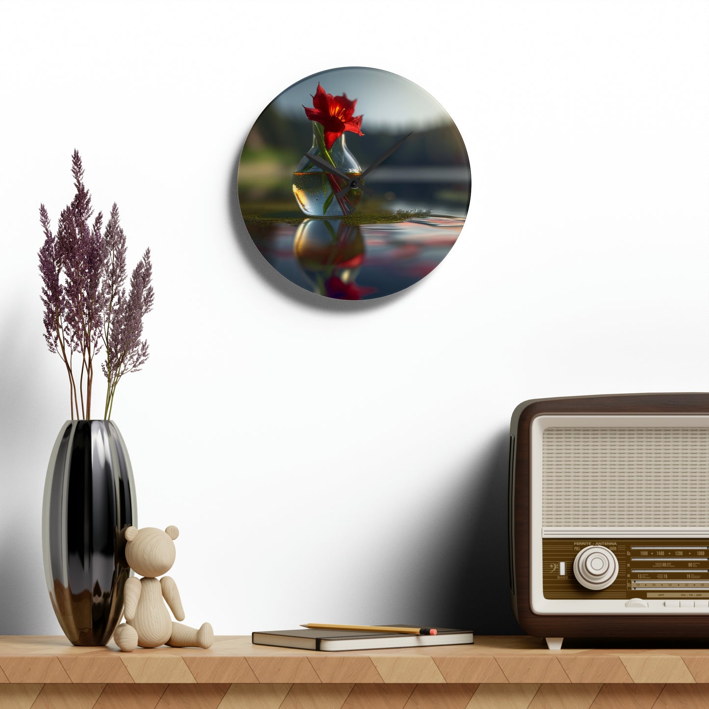 Acrylic Wall Clock Red Lily in a Glass vase 3