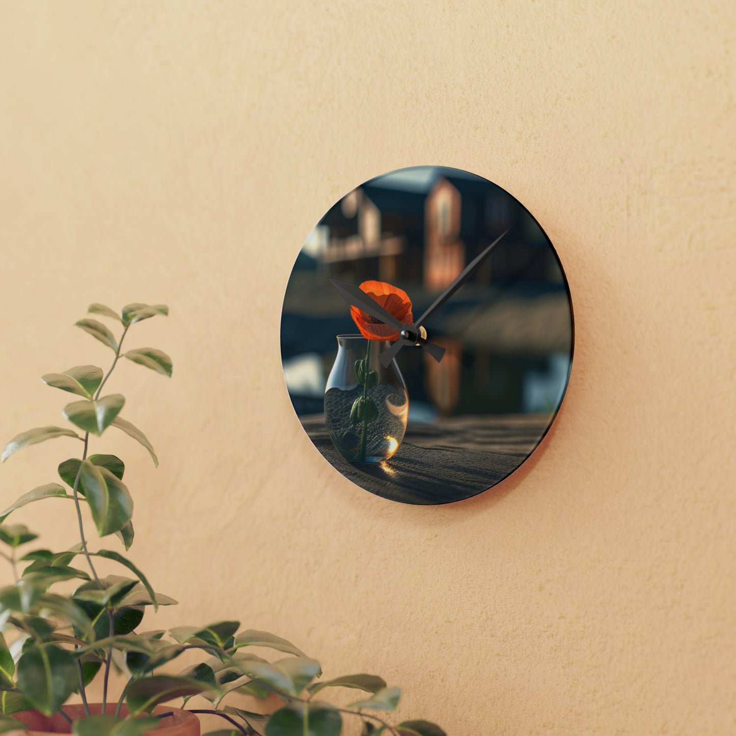 Acrylic Wall Clock Orange Poppy in a Vase 4