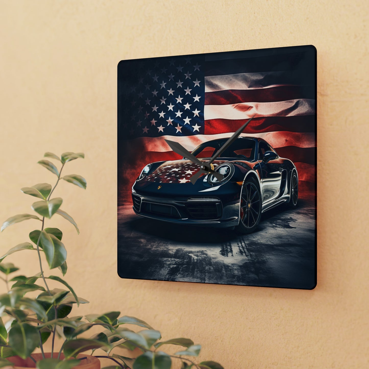 Acrylic Wall Clock Abstract American Flag Background Porsche 2