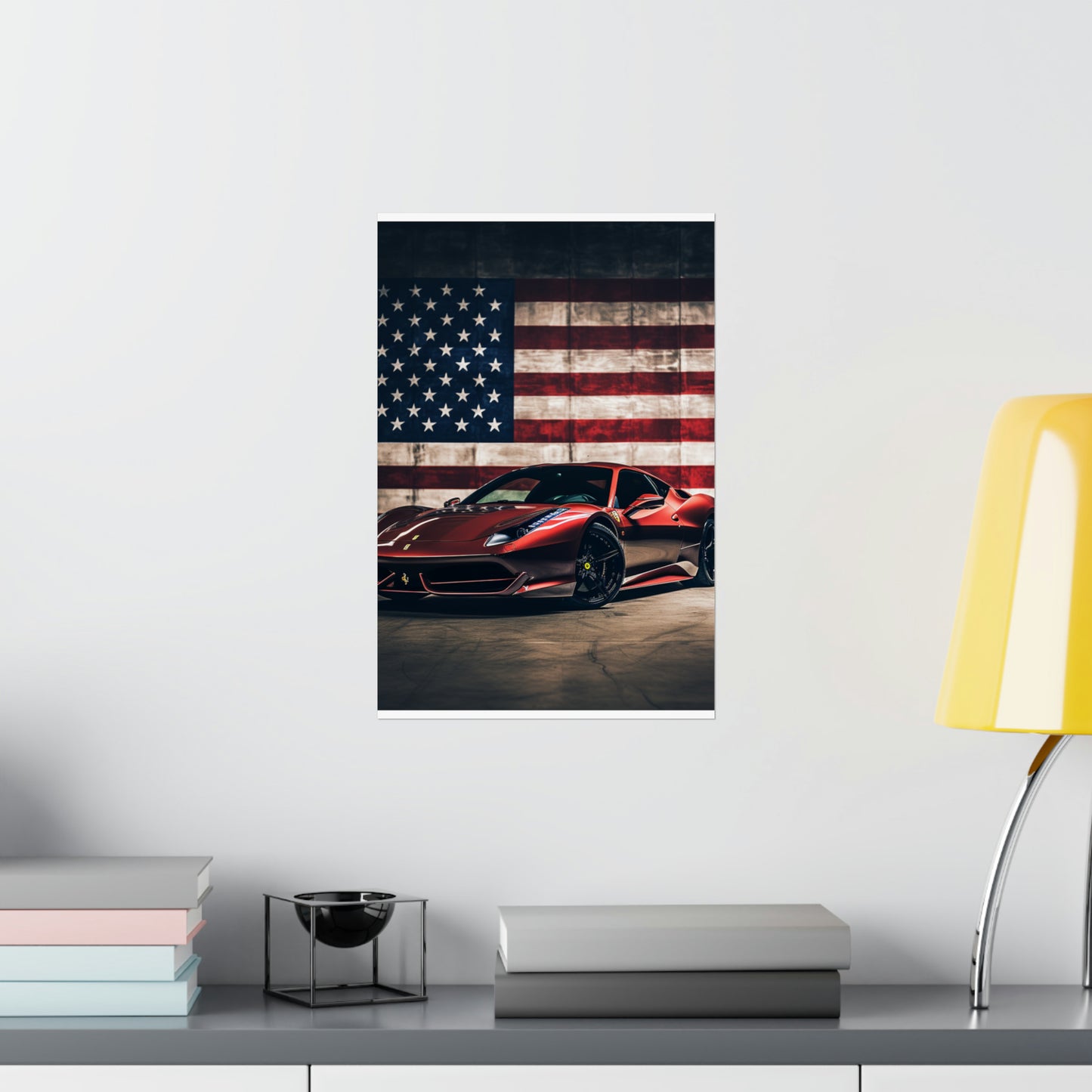 Premium Matte Vertical Posters American Flag Background Ferrari 4