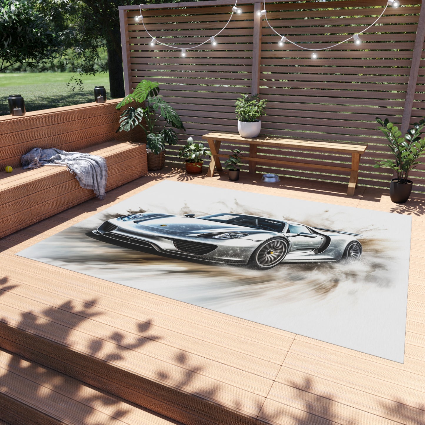 Outdoor Rug  918 Spyder white background driving fast with water splashing 2